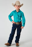 Roper Boys Long Sleeve Snap Solid Poplin Stretch Turquoise Western Shirt - Roper