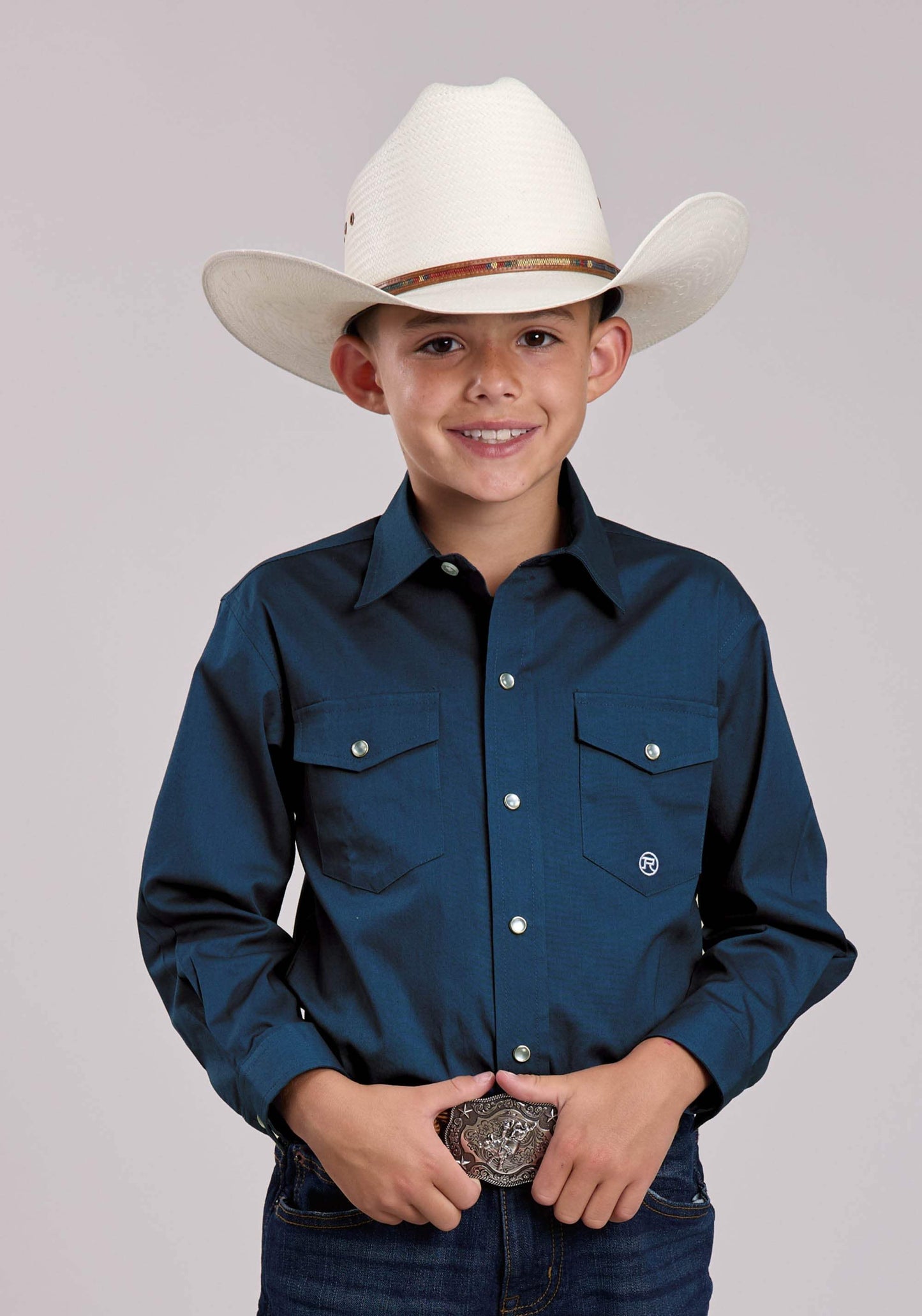 Boys Roper Solid Stretch Poplin Navy Long Sleeve Snap Shirt - Roper - Flyclothing LLC