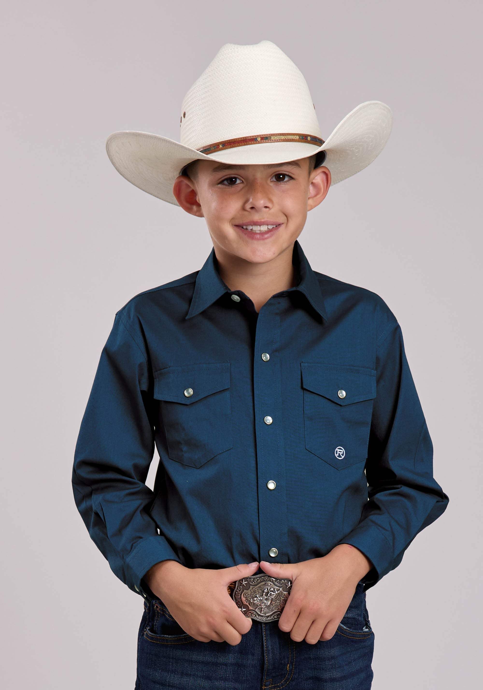 Boys Roper Solid Stretch Poplin Navy Long Sleeve Snap Shirt - Roper - Flyclothing LLC