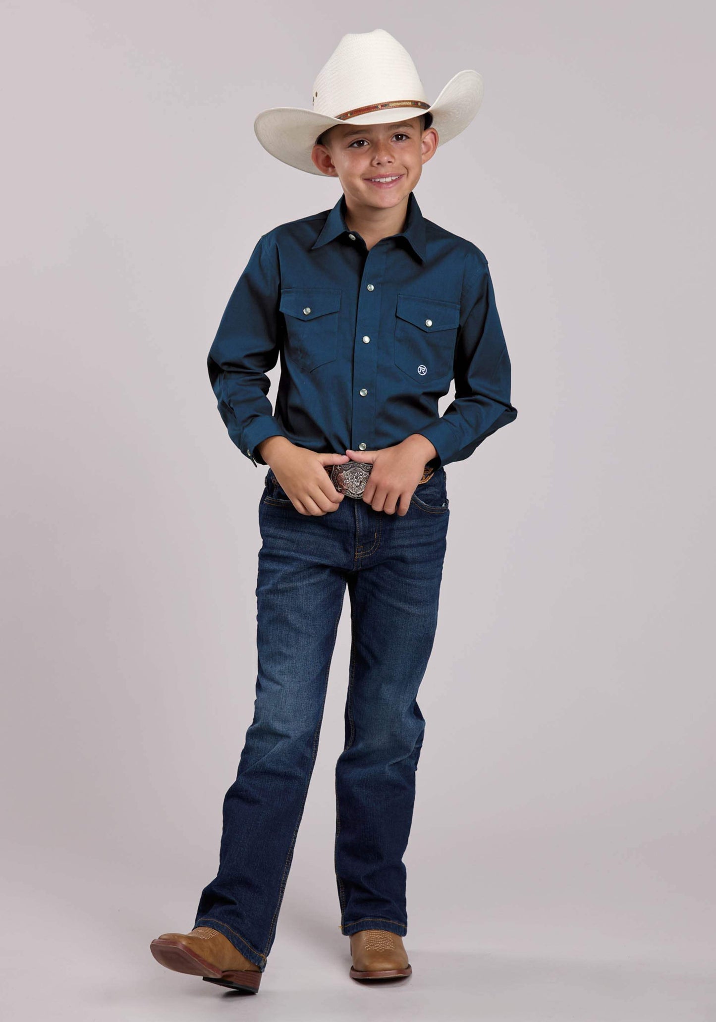 Boys Roper Solid Stretch Poplin Navy Long Sleeve Snap Shirt - Roper - Flyclothing LLC