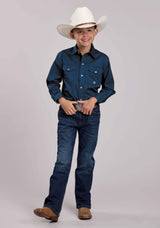 Boys Roper Solid Stretch Poplin Navy Long Sleeve Snap Shirt - Roper - Flyclothing LLC