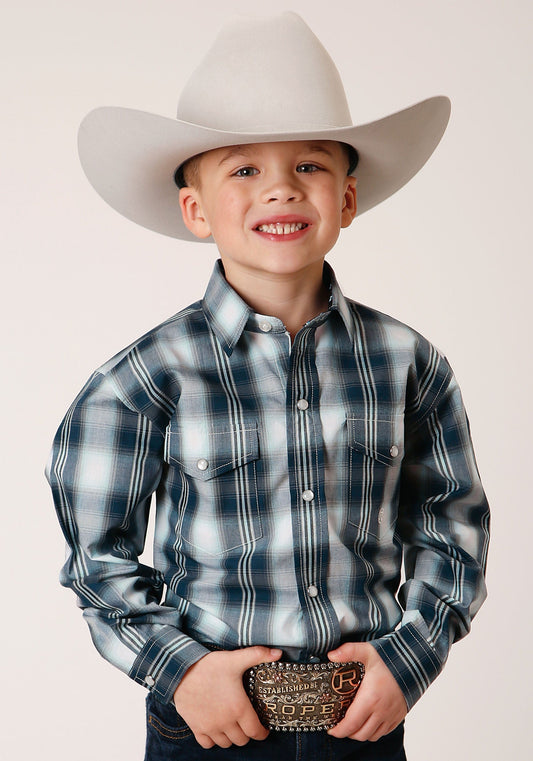 Roper Boys Long Sleeve Snap Blue West Plaid Western Shirt - Roper