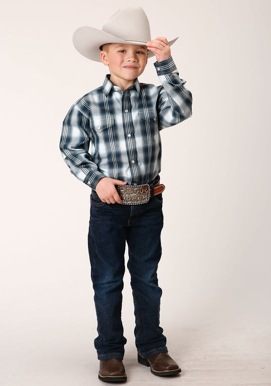 Roper Boys Long Sleeve Snap Blue West Plaid Western Shirt - Roper