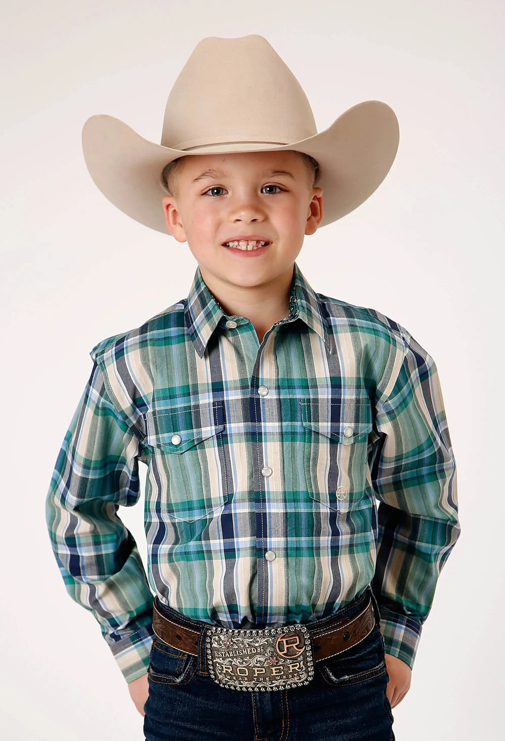 Roper Boys Long Sleeve Snap Ocean Plaid Western Shirt - Roper