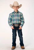 Roper Boys Long Sleeve Snap Ocean Plaid Western Shirt - Roper