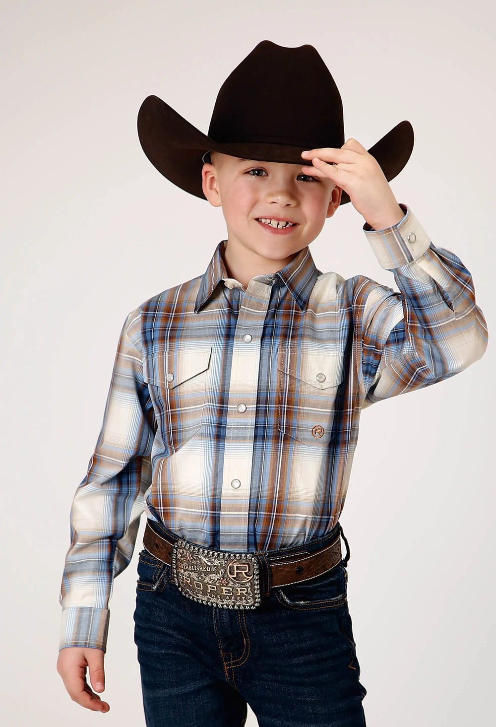 Roper Boys Long Sleeve Snap Desert Blue Plaid Western Shirt - Roper