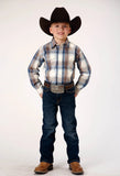 Roper Boys Long Sleeve Snap Desert Blue Plaid Western Shirt - Roper