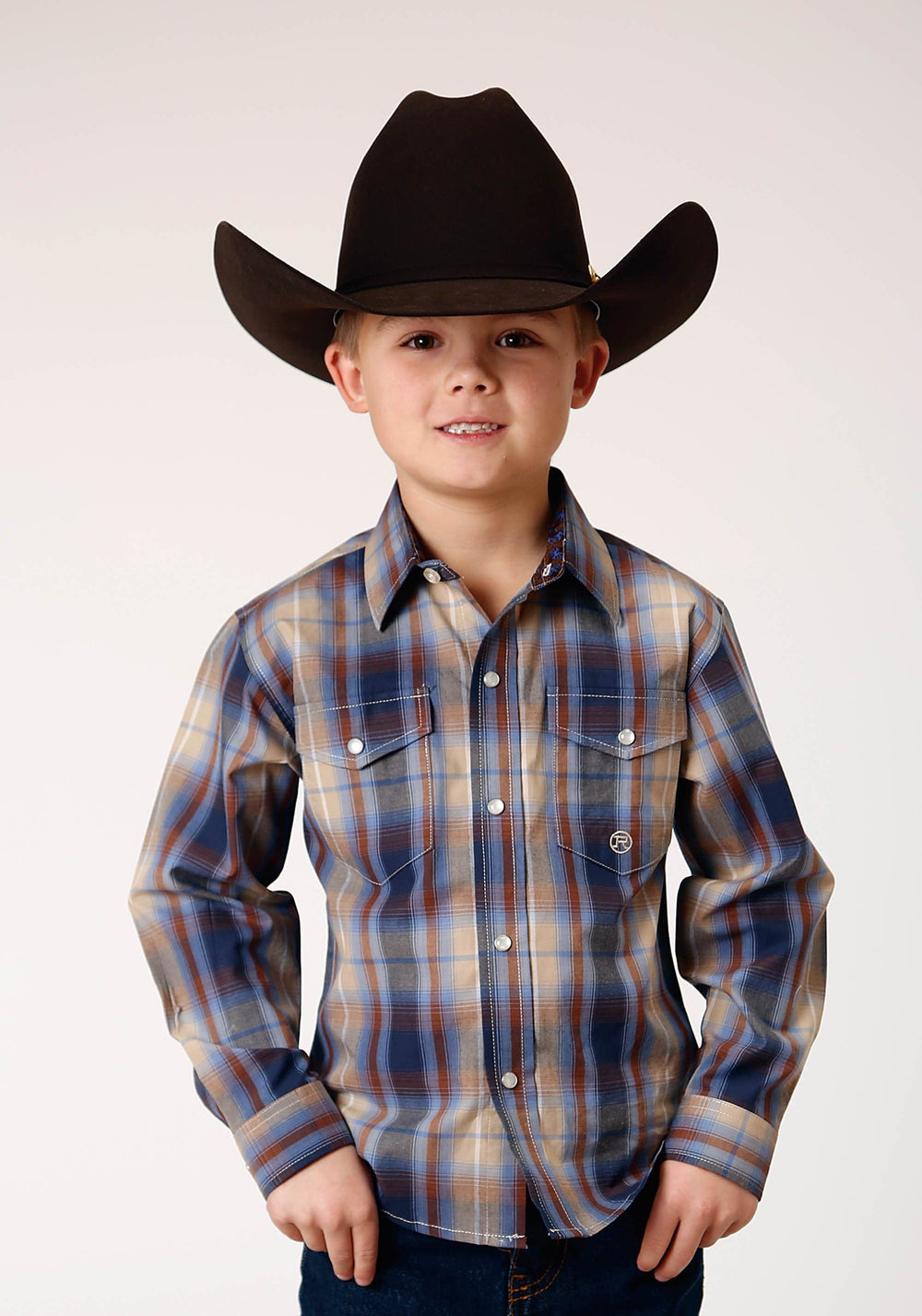 Roper Boys Long Sleeve Snap Ranch Plaid Western Shirt - Roper