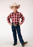 Roper Boys Long Sleeve Snap Basic Red Plaid Western Shirt - Roper