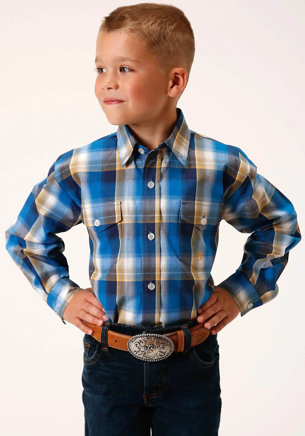 Roper Boys Long Sleeve Snap Clear Sky Plaid Western Shirt - Roper