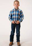 Roper Boys Long Sleeve Snap Clear Sky Plaid Western Shirt - Roper