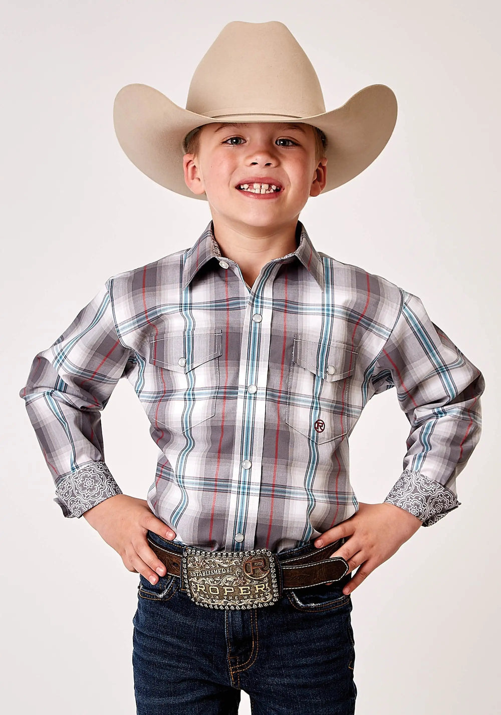 Roper Boys Long Sleeve Snap Gray Cloud Plaid Western Shirt - Roper