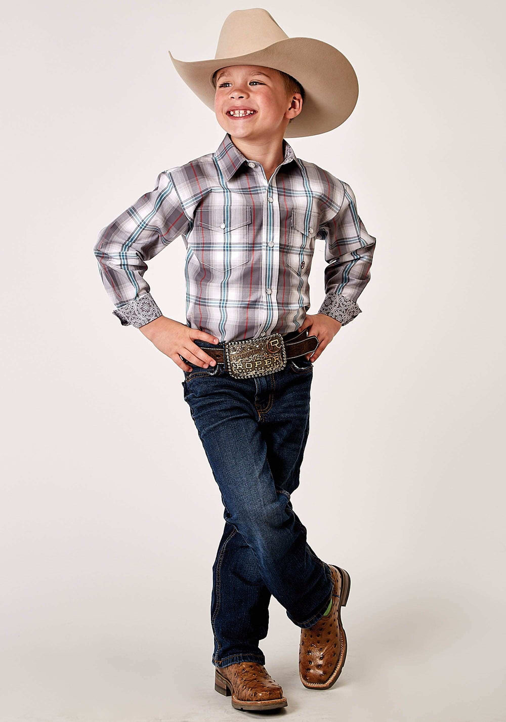 Roper Boys Long Sleeve Snap Gray Cloud Plaid Western Shirt - Roper - Flyclothing LLC