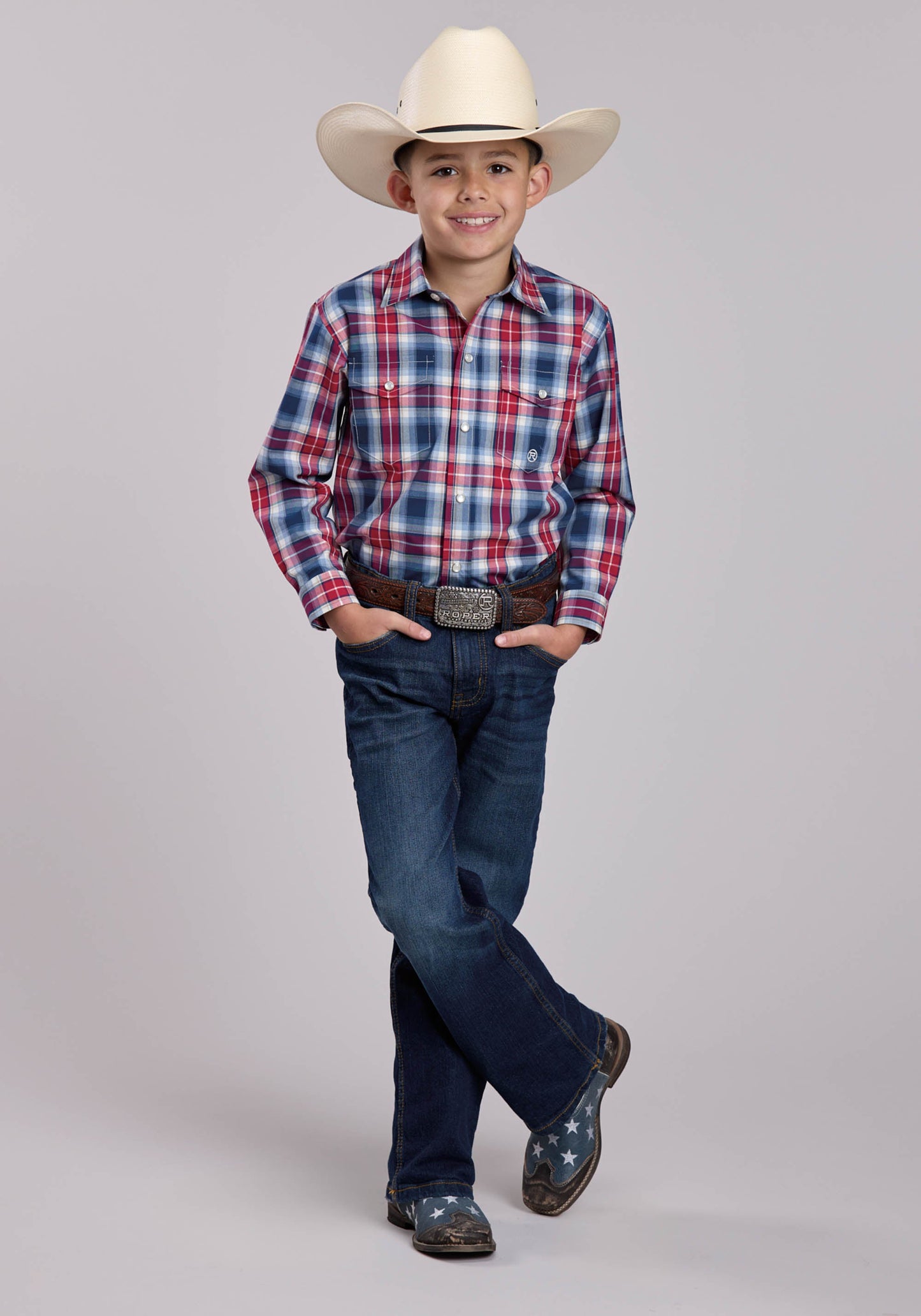 Boys Roper American West Plaid Long Sleeve Snap Shirt