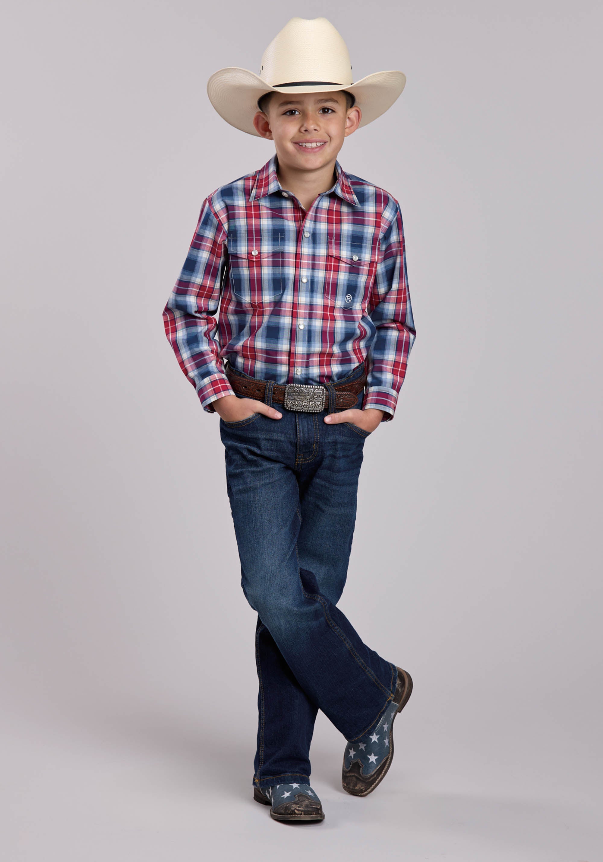 Boys Roper American West Plaid Long Sleeve Snap Shirt