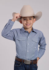 Boys Roper Stretch Minicheck Navy Long Sleeve Snap Shirt