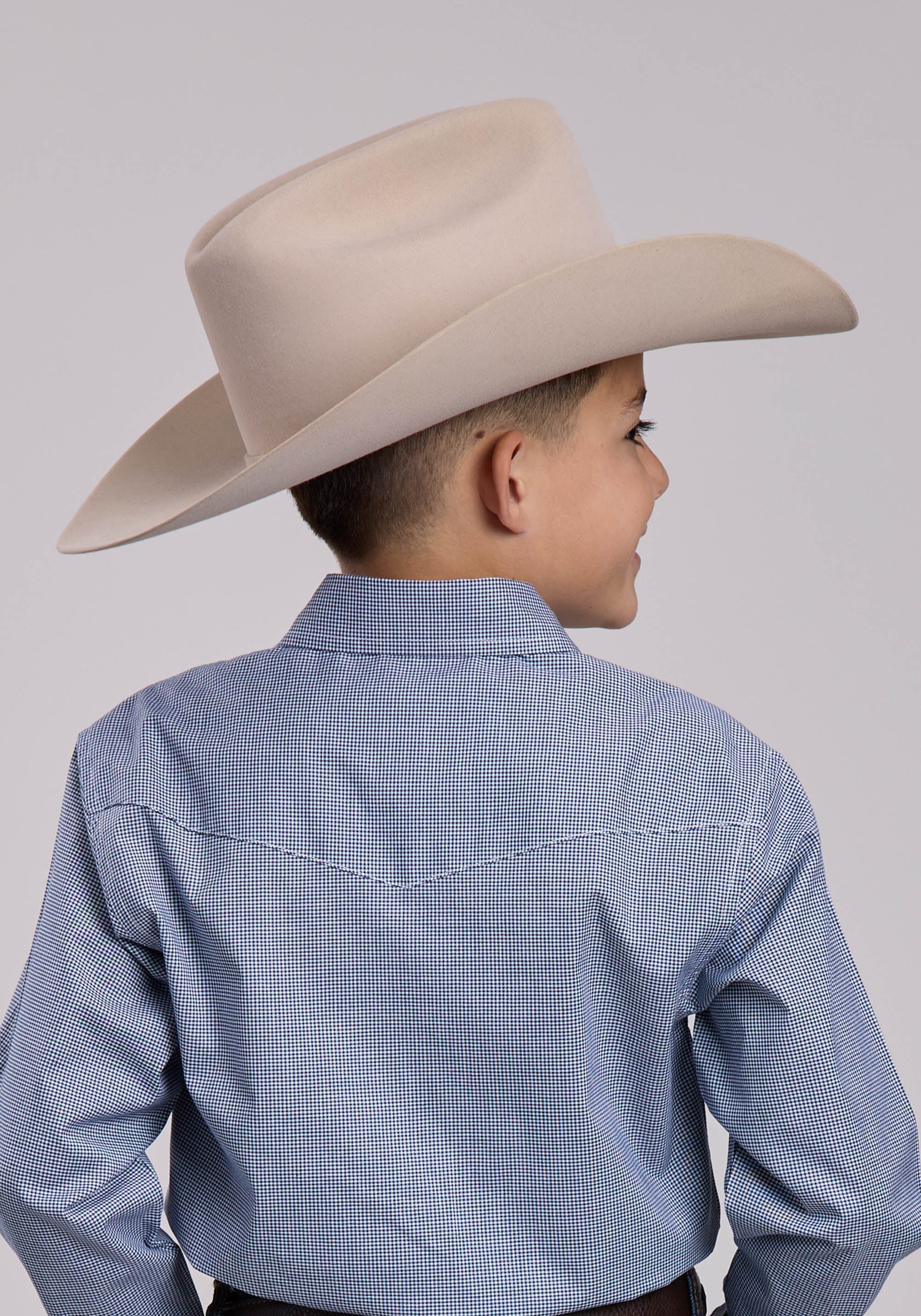 Boys Roper Stretch Minicheck Navy Long Sleeve Snap Shirt