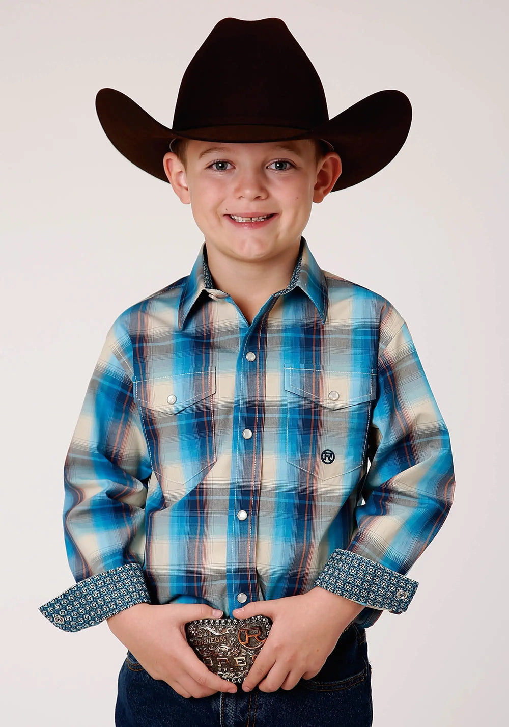 Roper Boys Long Sleeve Snap Sunset Plaid Western Shirt - Roper