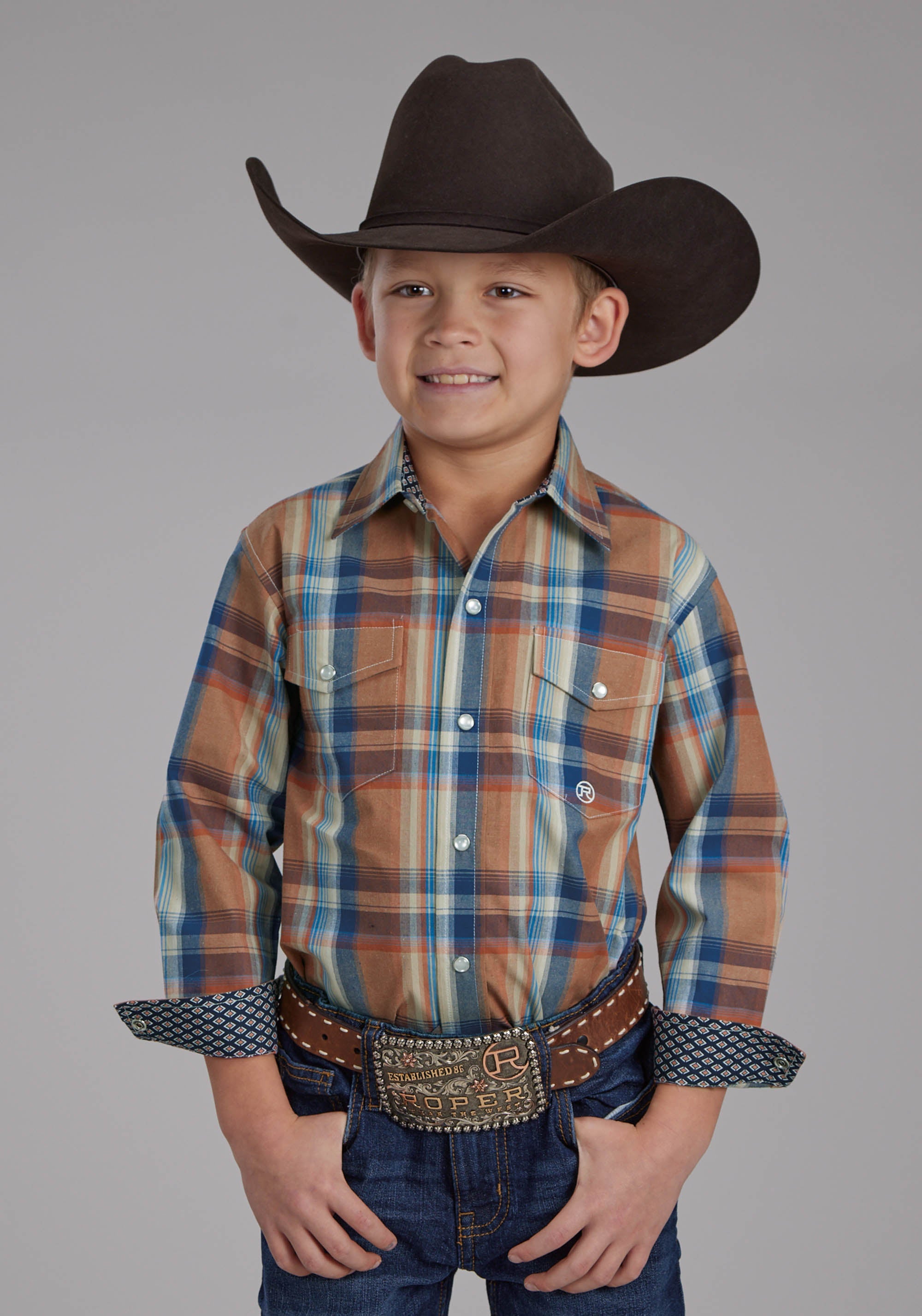 Roper Boys Falling Leaves Plaid Long Sleeve Snap Western Shirt