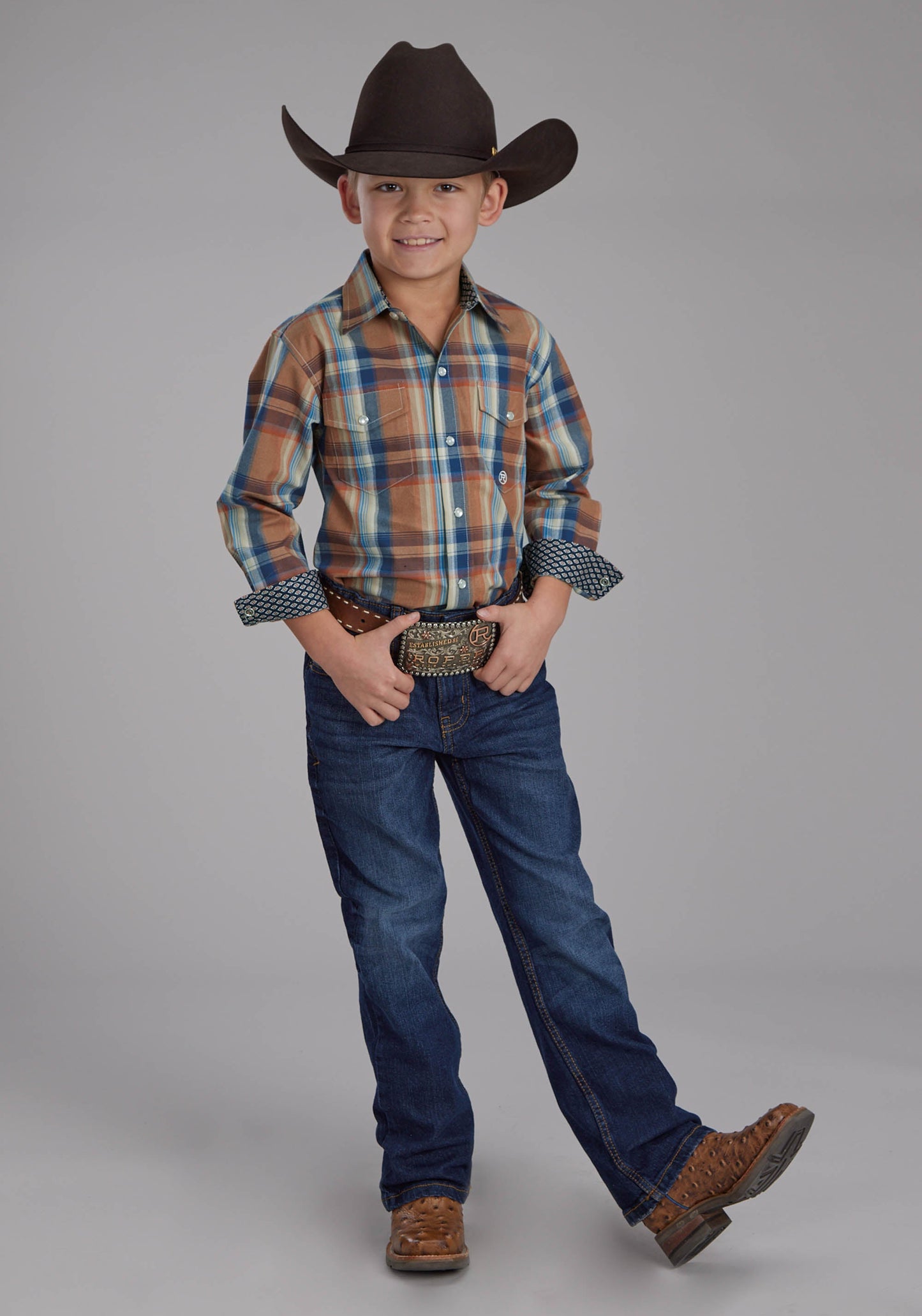 Roper Boys Falling Leaves Plaid Long Sleeve Snap Western Shirt