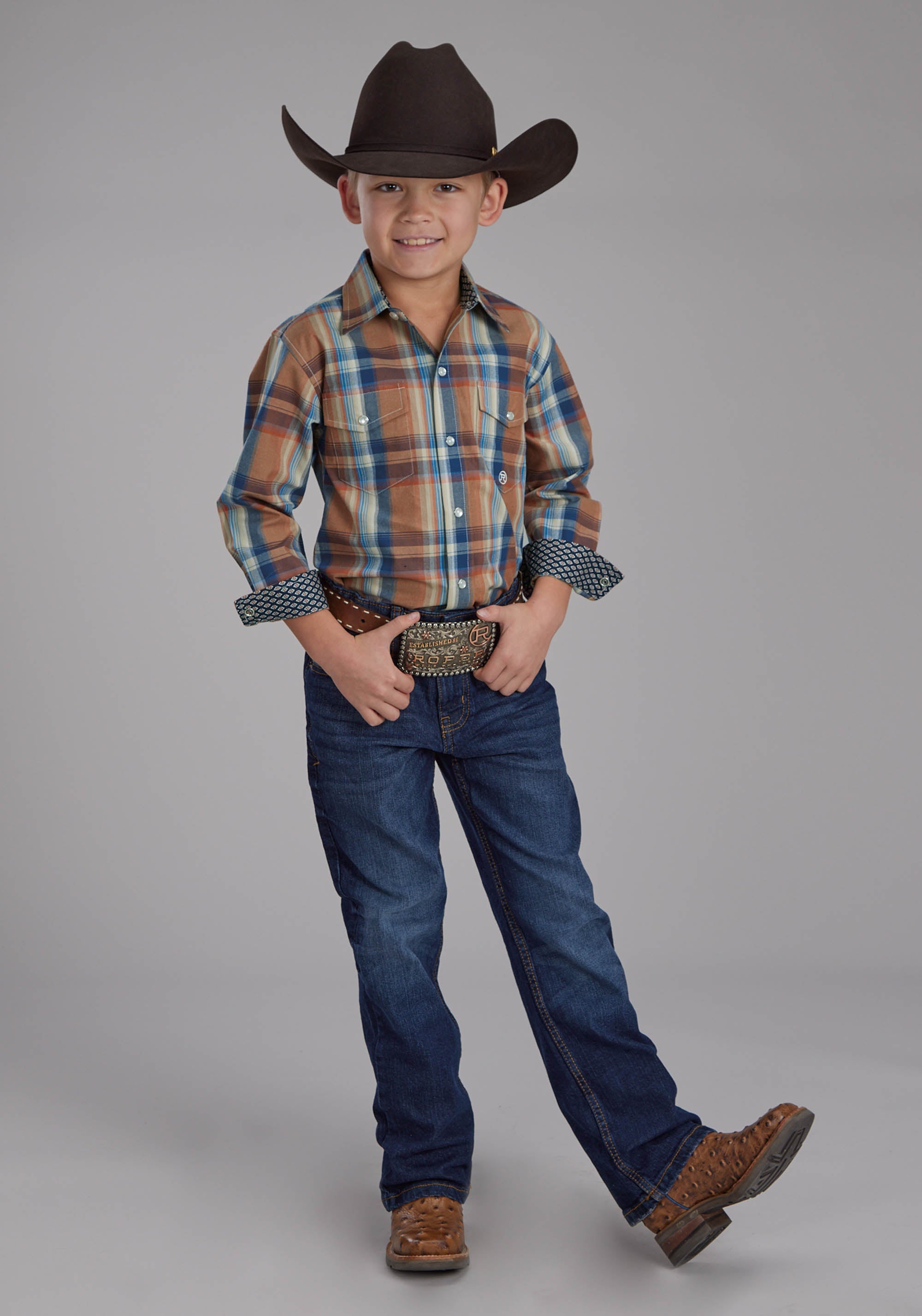 Roper Boys Falling Leaves Plaid Long Sleeve Snap Western Shirt