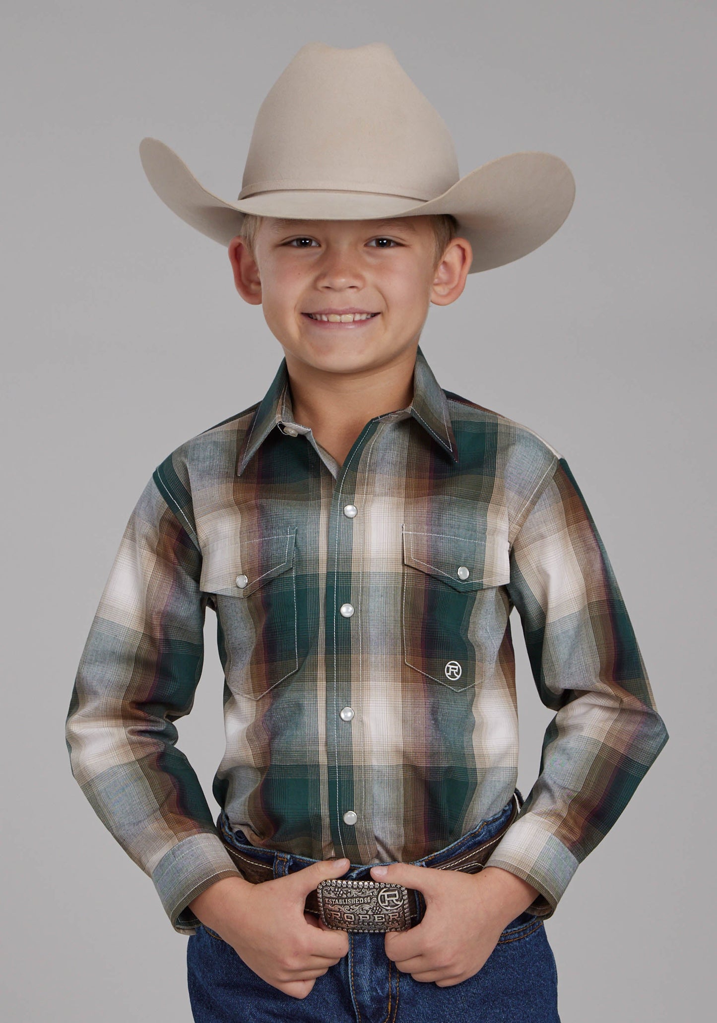 Roper Boys Tall Tree Plaid Long Sleeve Snap Western Shirt