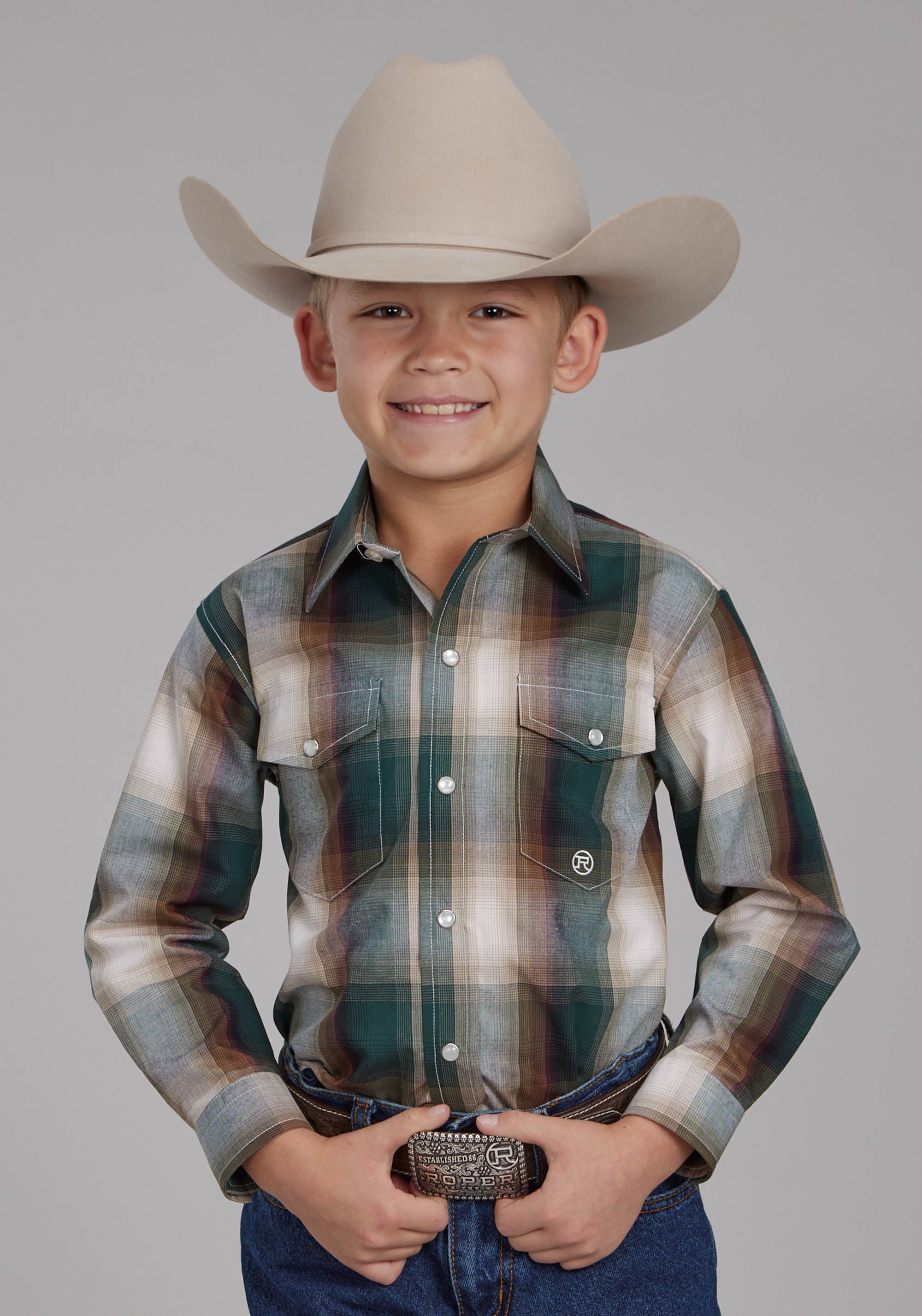 Roper Boys Tall Tree Plaid Long Sleeve Snap Western Shirt