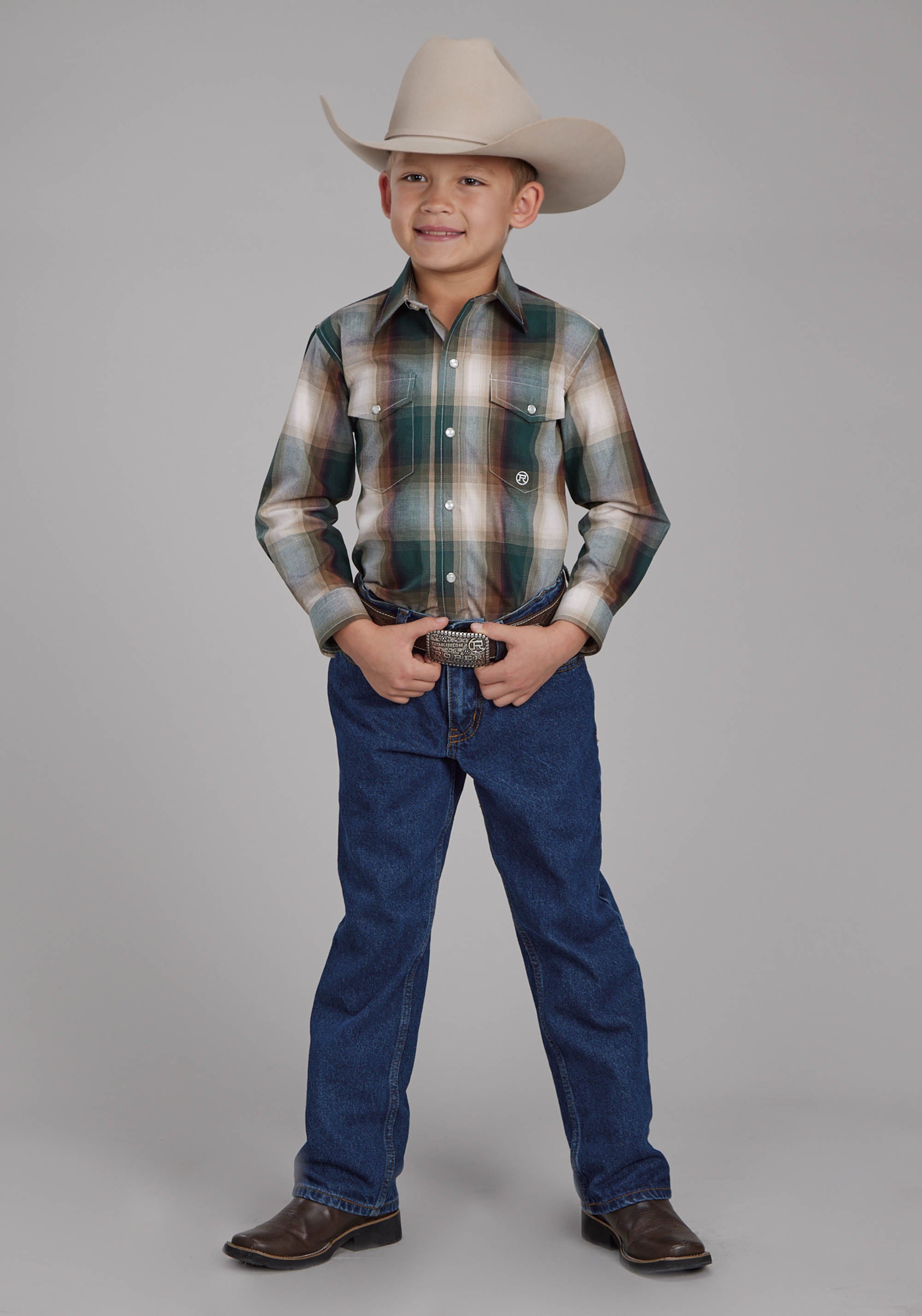 Roper Boys Tall Tree Plaid Long Sleeve Snap Western Shirt