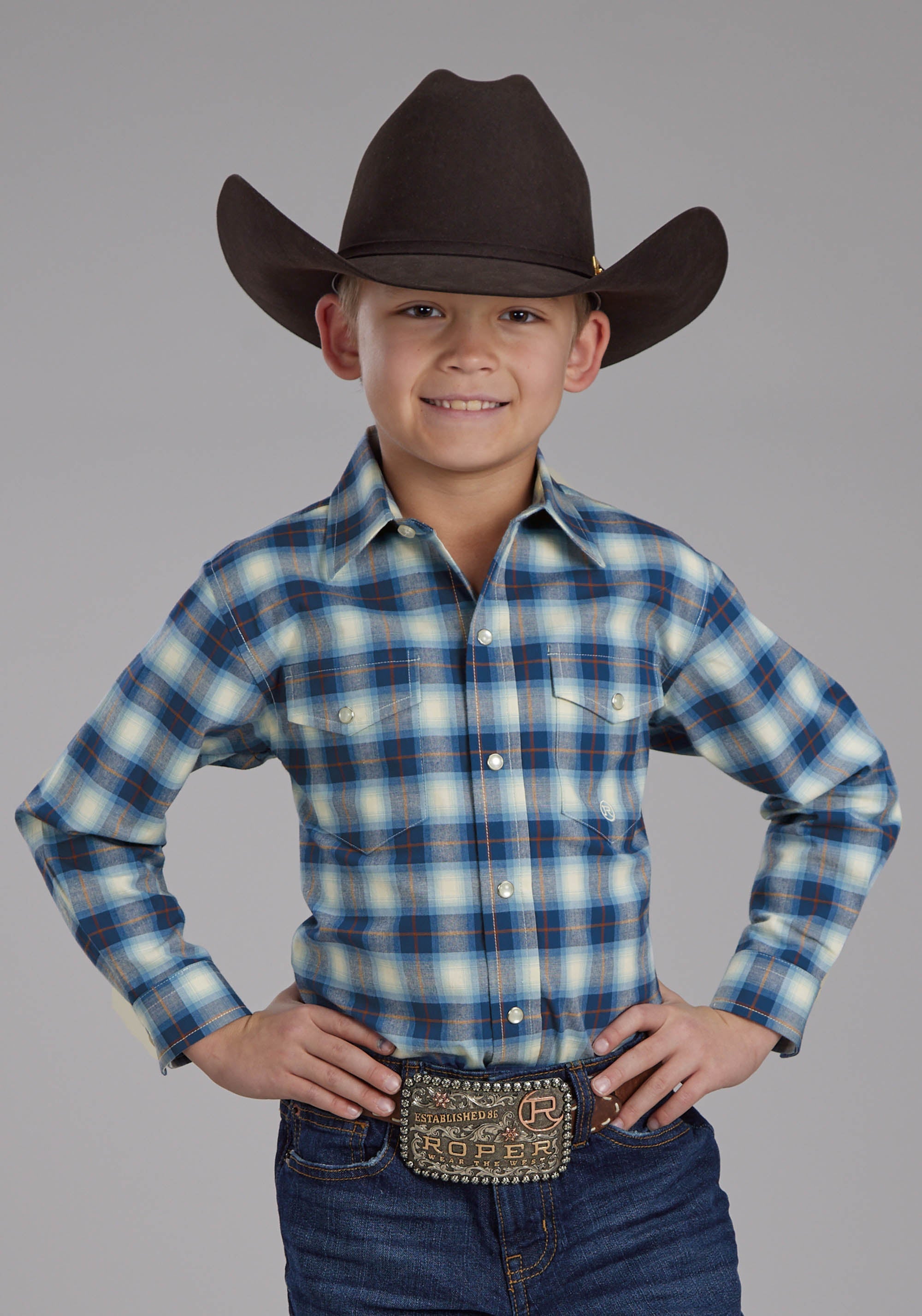 Roper Boys Stretch Plaid - Blue Long Sleeve Snap Western Shirt