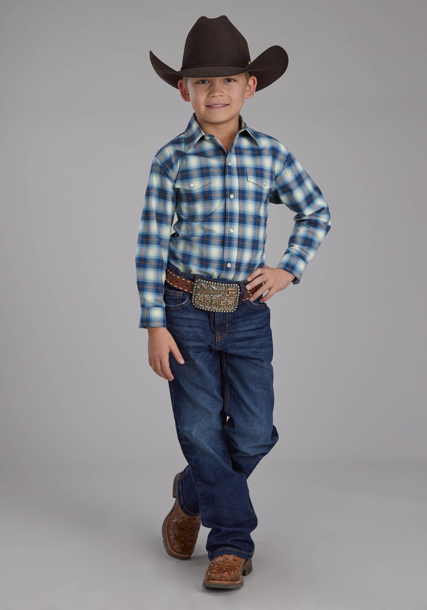 Roper Boys Stretch Plaid - Blue Long Sleeve Snap Western Shirt