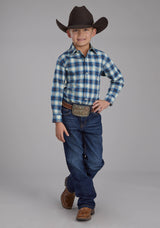 Roper Boys Stretch Plaid - Blue Long Sleeve Snap Western Shirt