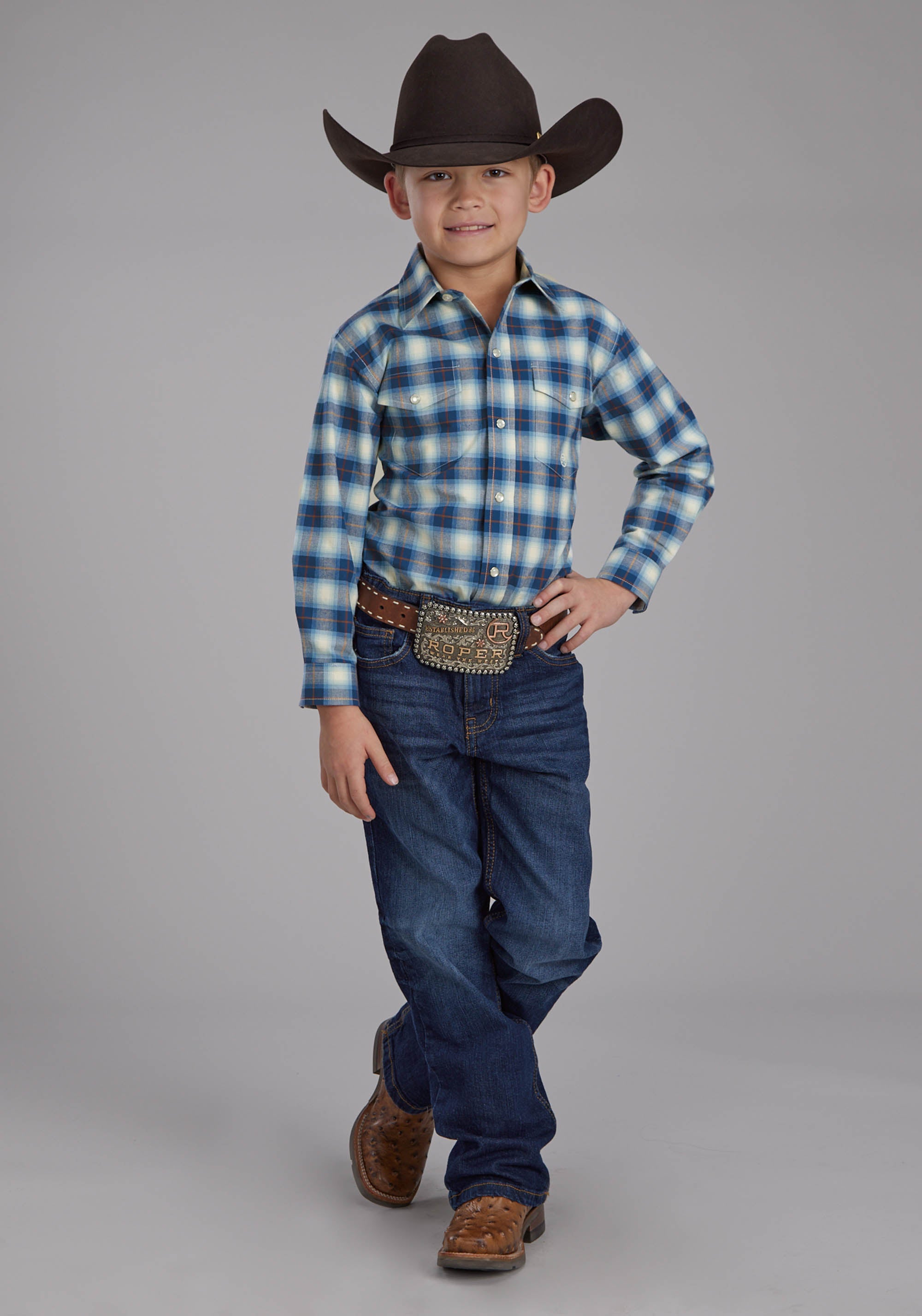 Roper Boys Stretch Plaid - Blue Long Sleeve Snap Western Shirt