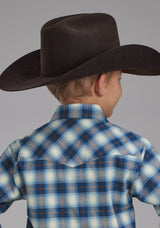 Roper Boys Stretch Plaid - Blue Long Sleeve Snap Western Shirt