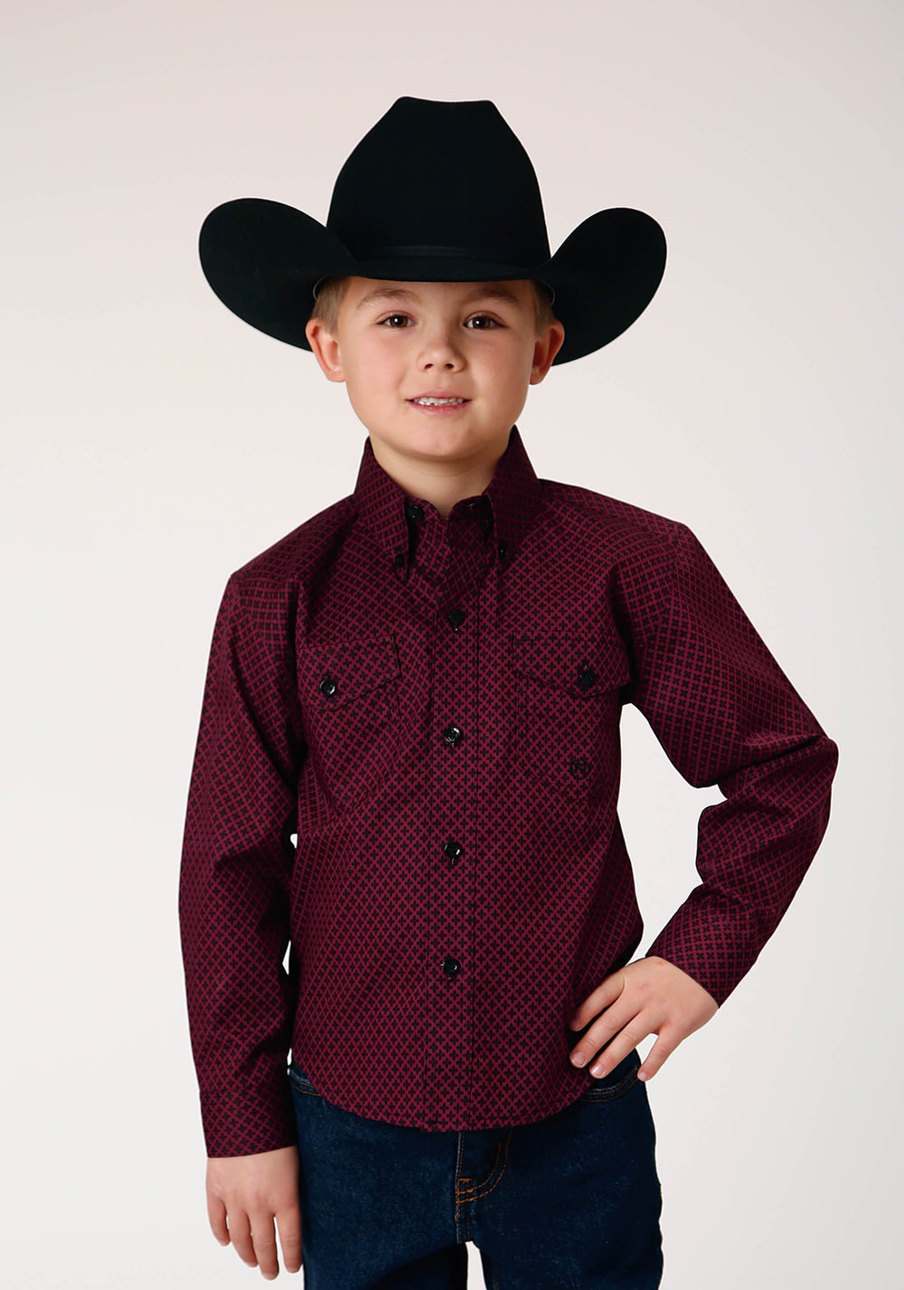 Roper Boys Long Sleeve Button Four Leaf Foulard Western Shirt - Roper