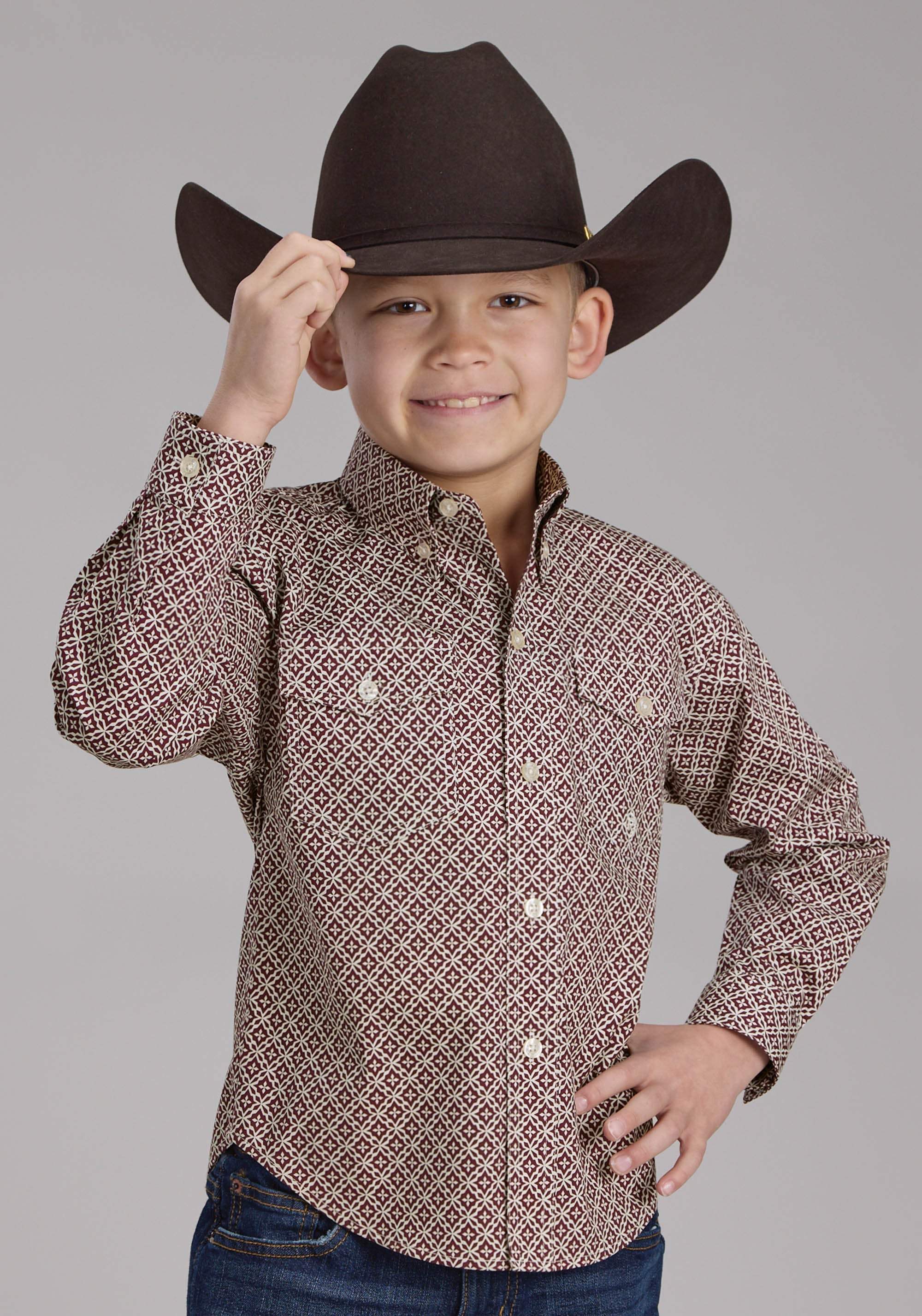 Roper Boys Stretch Four Point Foulard - Wine Long Sleeve Button Western Shirt - Roper - Flyclothing LLC