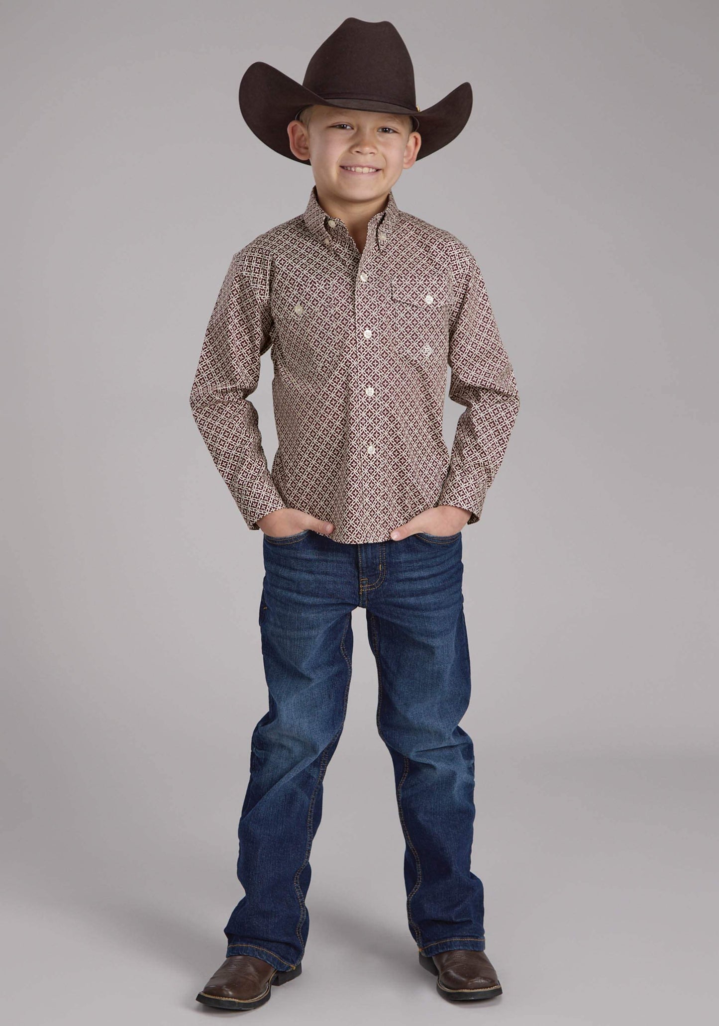 Roper Boys Stretch Four Point Foulard - Wine Long Sleeve Button Western Shirt - Roper - Flyclothing LLC