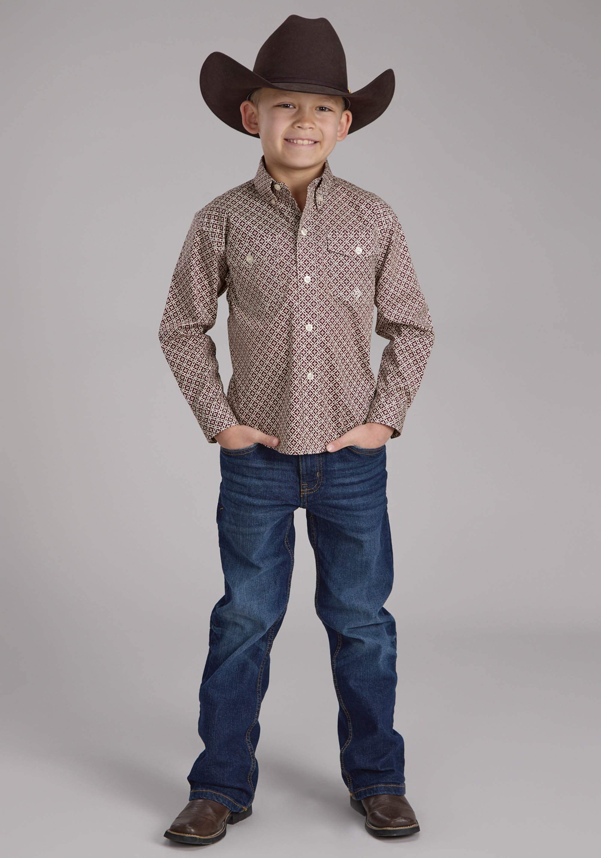 Roper Boys Stretch Four Point Foulard - Wine Long Sleeve Button Western Shirt - Roper - Flyclothing LLC