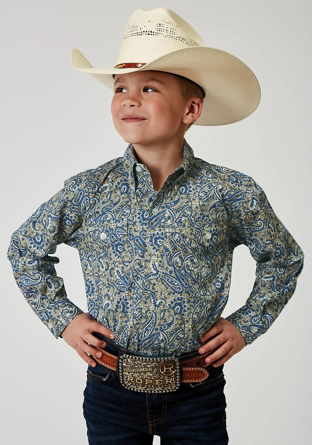 Roper Boys Long Sleeve Button Delft Paisley Western Shirt - Roper