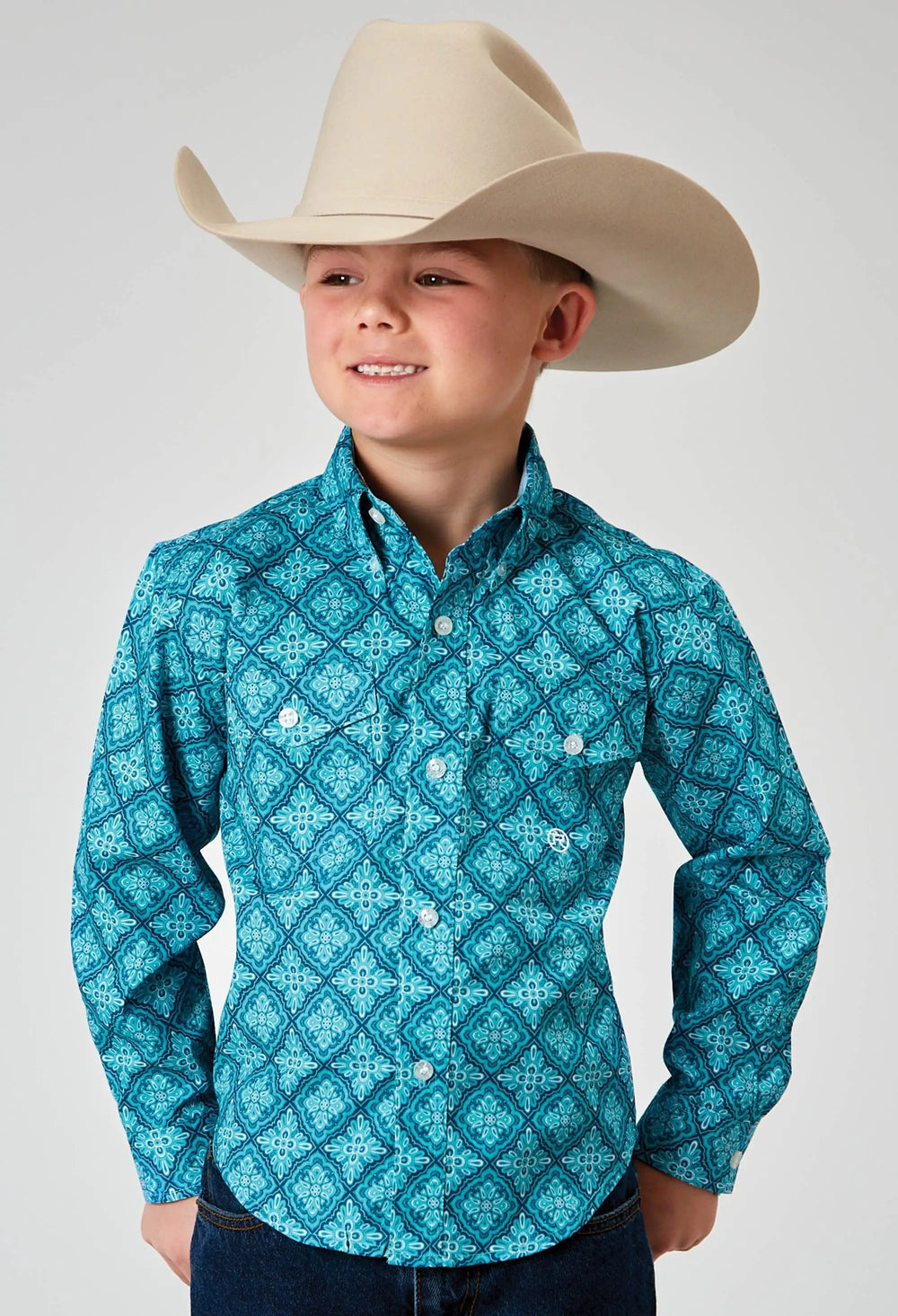 Roper Boys Long Sleeve Button Lake Medallion Western Shirt - Roper