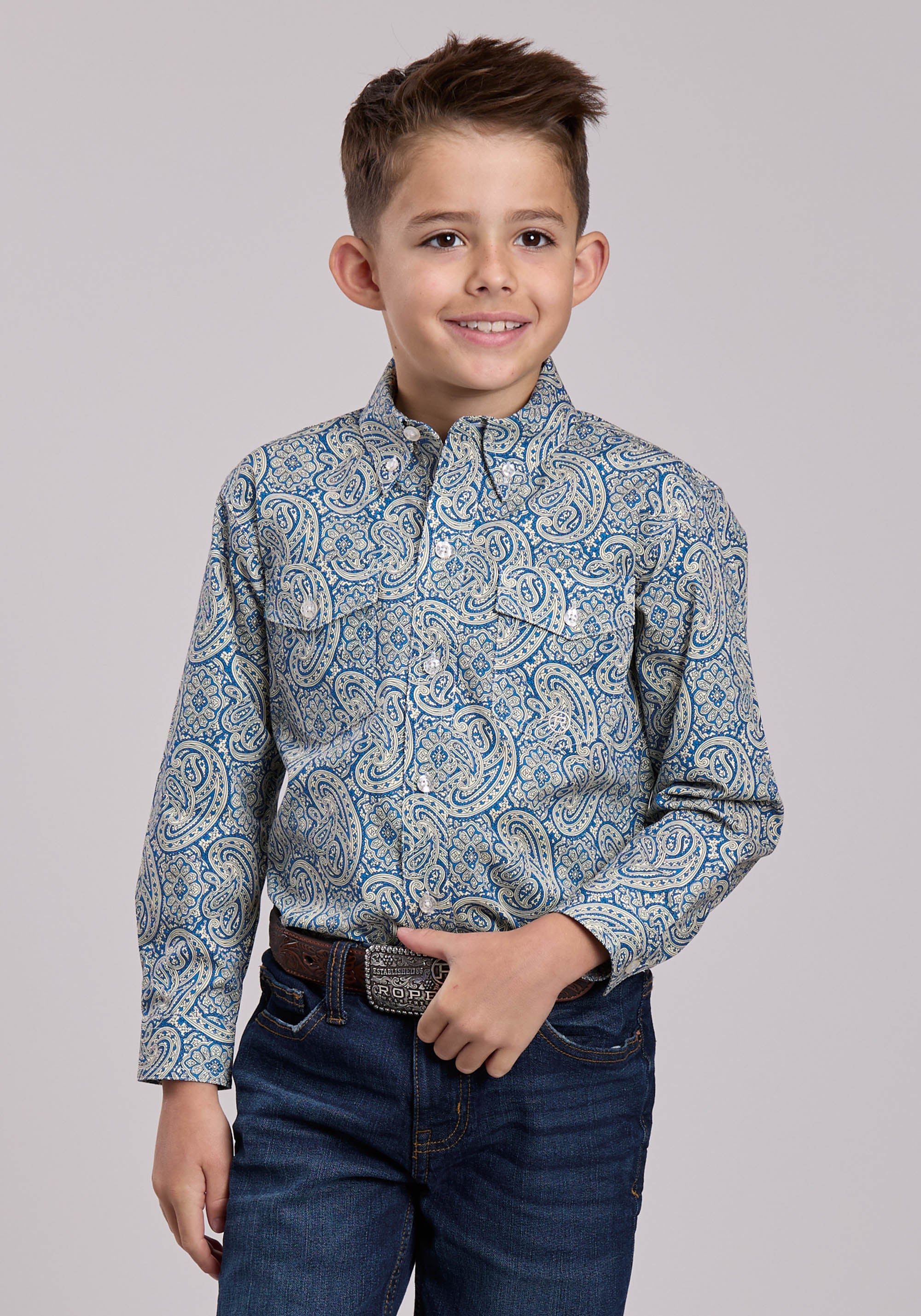 Boys Roper Blue Line Paisley Long Sleeve Button Shirt