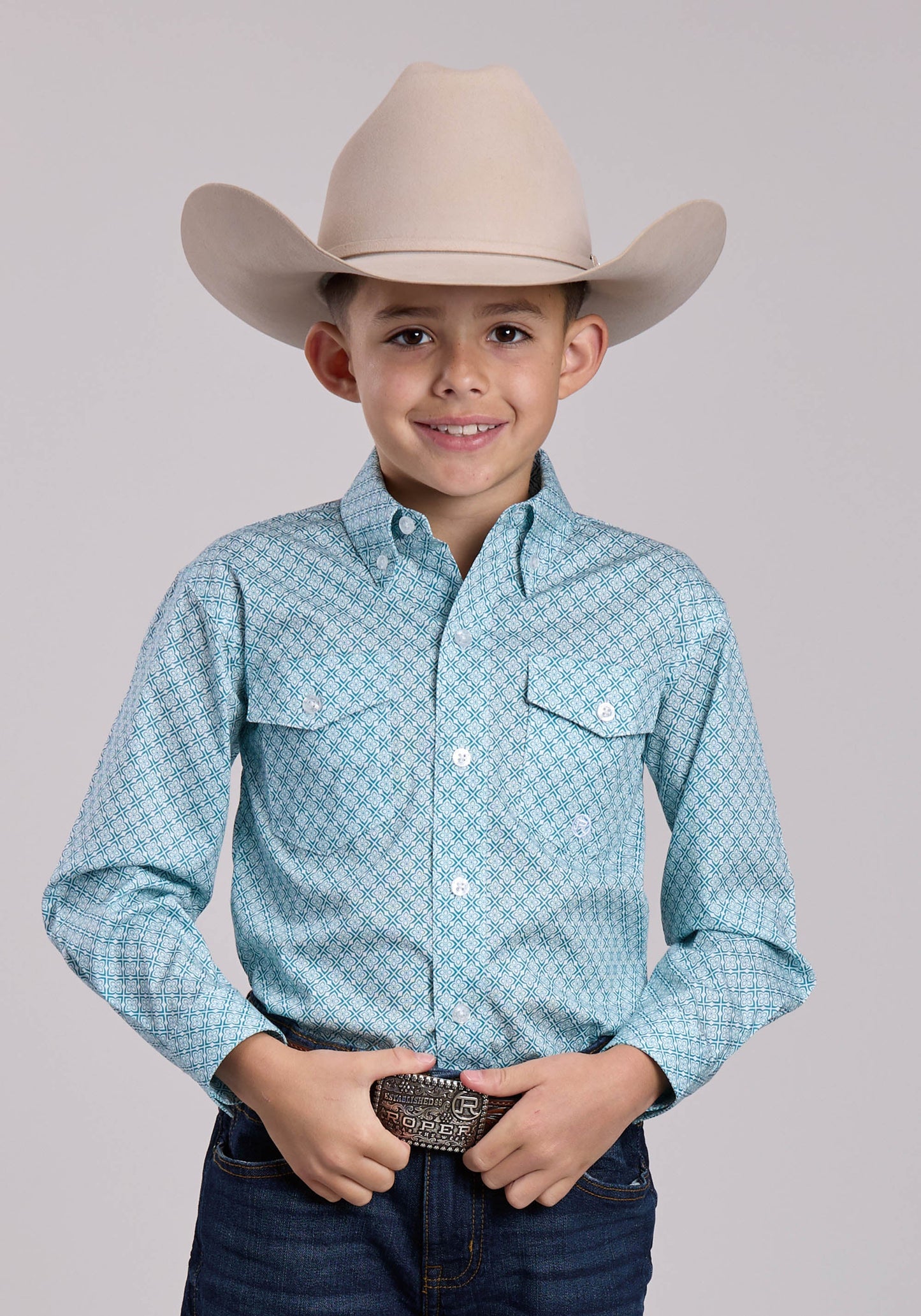 Boys Roper Stretch Four Point Foulard Teal Long Sleeve Button Shirt