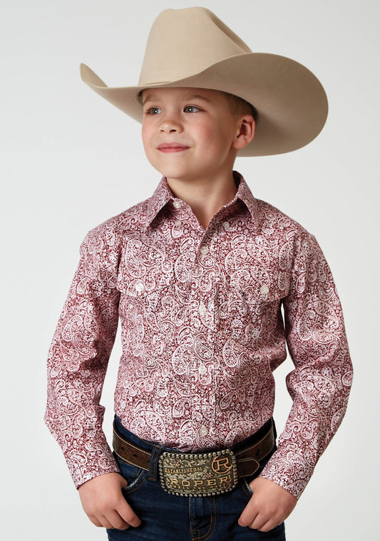 Roper Boys Long Sleeve Button Stretch Poplin Red Paisley Western Shirt - Roper