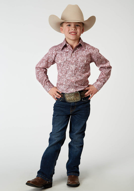Roper Boys Long Sleeve Button Stretch Poplin Red Paisley Western Shirt - Roper