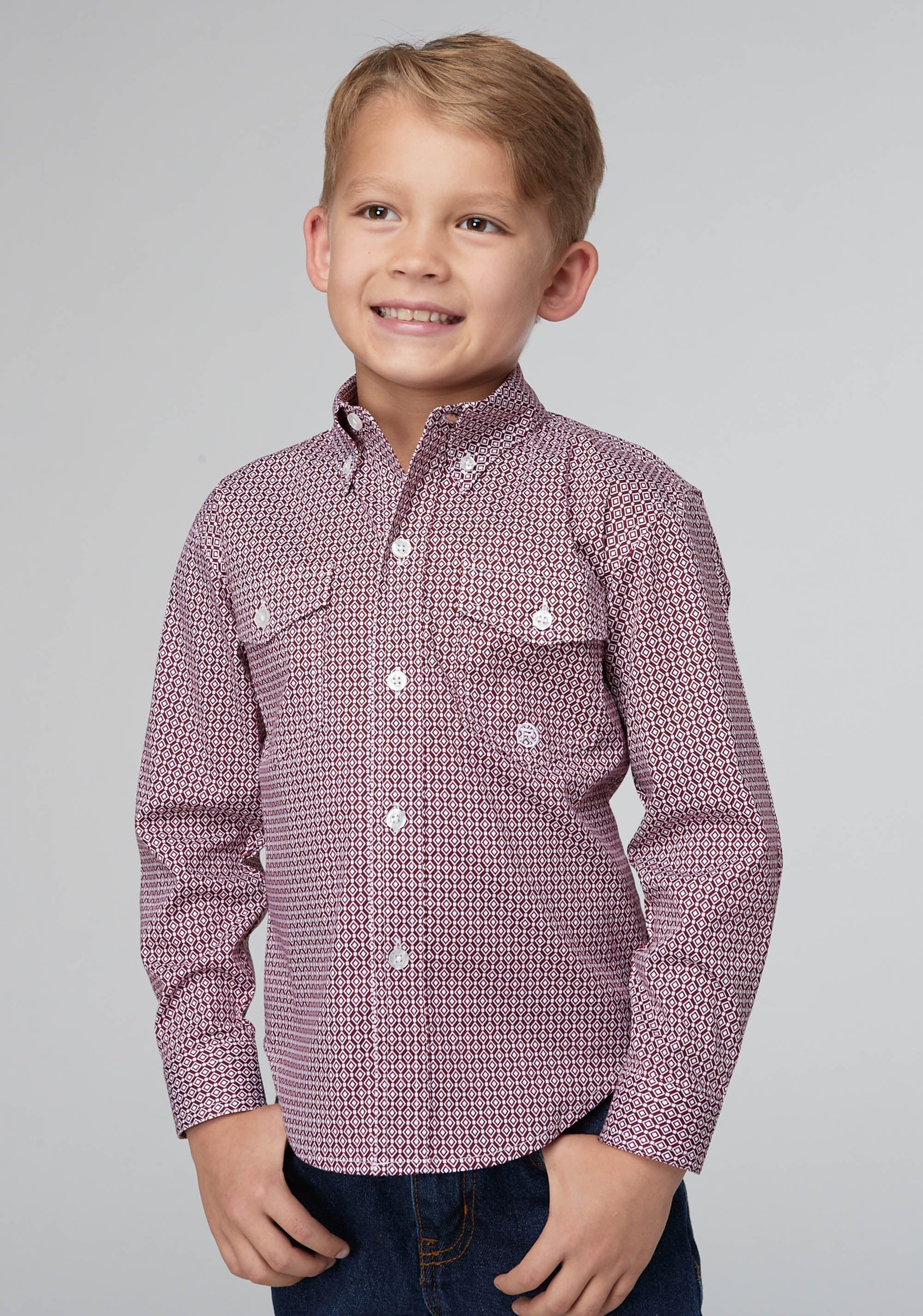 Roper Boys Long Sleeve Button Stretch Neat Red Western Shirt - Roper