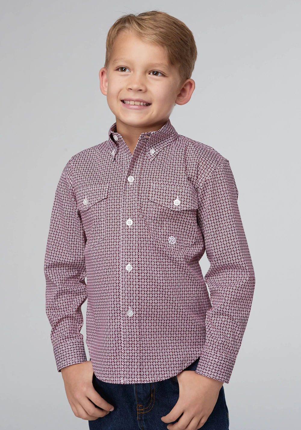 Roper Boys Long Sleeve Button Stretch Neat Red Western Shirt - Roper