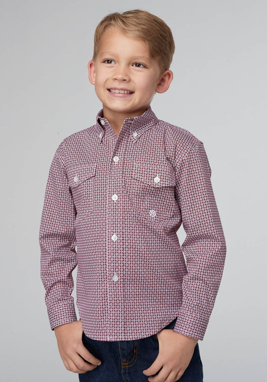 Roper Boys Long Sleeve Button Stretch Neat Red Western Shirt - Roper