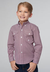 Roper Boys Long Sleeve Button Stretch Neat Red Western Shirt - Roper