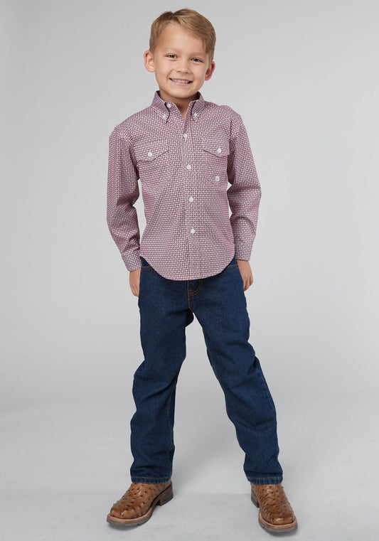 Roper Boys Long Sleeve Button Stretch Neat Red Western Shirt - Roper