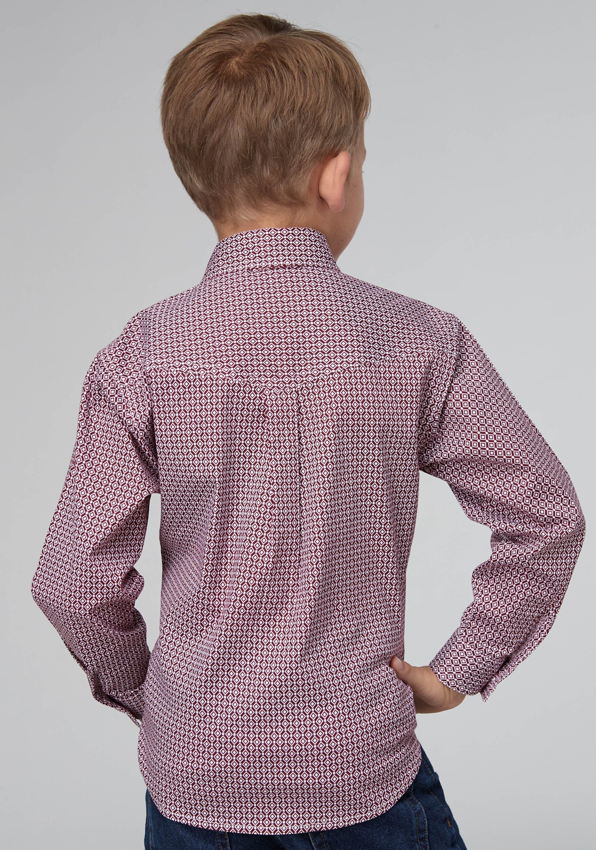 Roper Boys Long Sleeve Button Stretch Neat Red Western Shirt - Roper