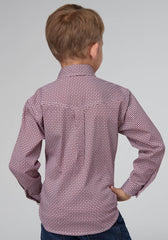 Roper Boys Long Sleeve Button Stretch Neat Red Western Shirt - Roper